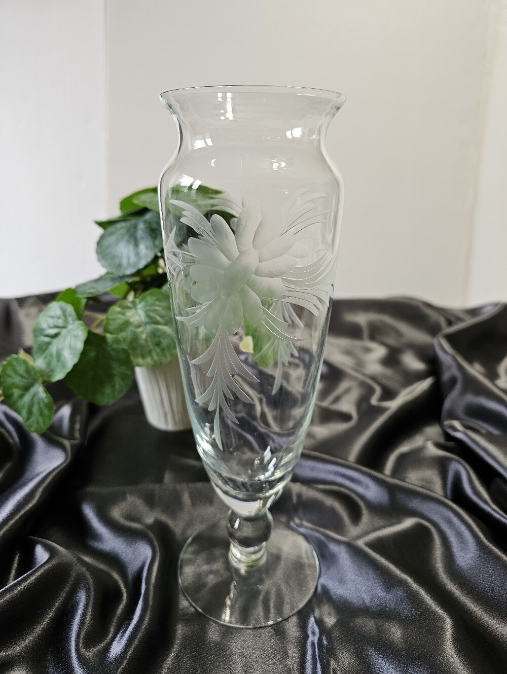 Vintage Clear Etched Glass Pedestal Vase With Floral Design